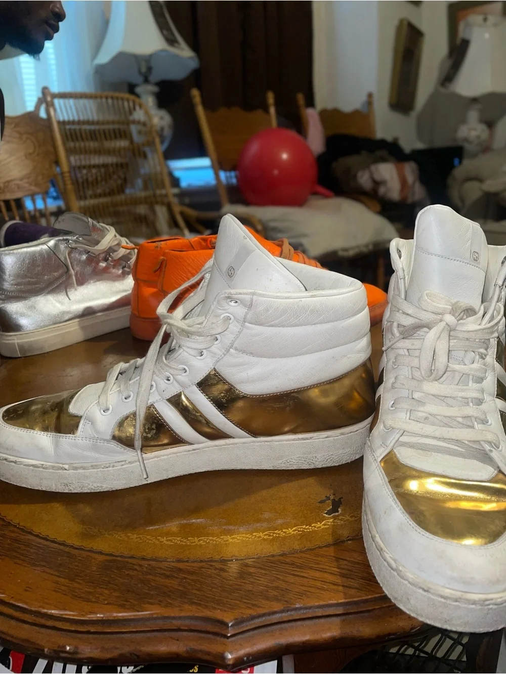 Gucci White and Gold High-Top Sneakers